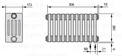 Схема (чертеж) Радиатор Zehnder Charleston 5026/11 №5510 Белый глянцевый RAL 9016